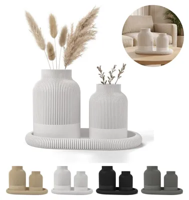 Immagine prodotto di Vasi rigati stile japandi 2 pezzi con vassoio ovale, set decorativo soggiorno – Bianco