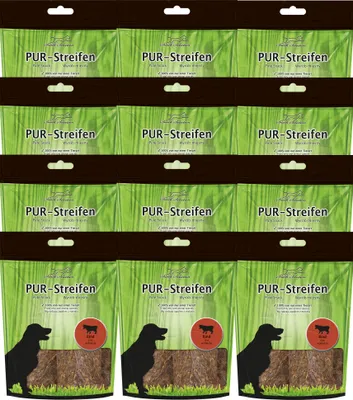 Produktbild von 12x100g Schecker PUR Streifen Rind - Kausnack für Hunde von einer Tierart - getreidefrei