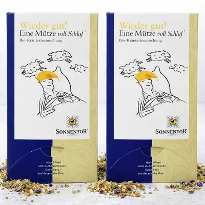 Produktbild von Sonnentor Eine Mütze voll Schlaf Tee Wieder gut! , Kräutertee, 27 g, Brombeeren, Lavendel, Zitrone, Orange, 1,5 g, Schafgarbe  Zitronenmelisse  Brombeerblätter  Lavendel  Orangenschalen  Fenchel , 18 Stück(e)