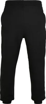 A pair of black sweatpants is shown from the front against a white background.