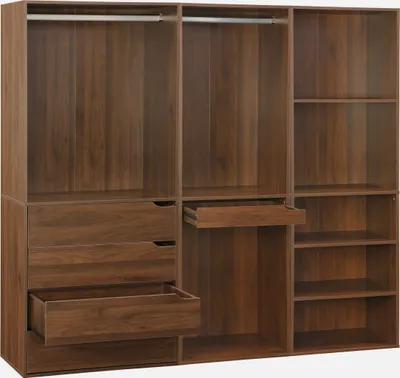 A modular wardrobe set with multiple compartments and drawers, made of wood-like material.