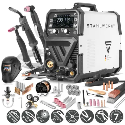 Produktbild von STAHLWERK Schutzgasschweißgerät 6-in-1 Kombi CTM-250 Puls Pro – Vollausstattung – WIG, MIG/MAG, MMA (E-Hand), FLUX bis 200A, Plasmaschneider (CUT) 45A