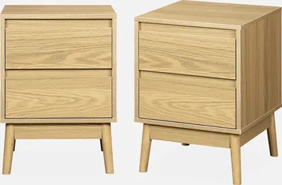 Two identical wooden nightstands are shown against a white background.