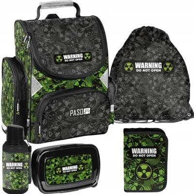 Produktbild von Schulrucksack Mädchen Jungen Motiv WARNING 5 T Set Rucksack, Federmäppchen, Schuhbeutel, Trinkflasche, Frühstückstasche Mega-Set Paso