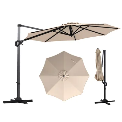 Image de Parasol COSTWAY en aluminium 300 x 300 cm, parasol à pied déporté avec manivelle, pivotant à 360°, inclinaison réglable en continu, grand parasol de jardin, parasol de marché beige