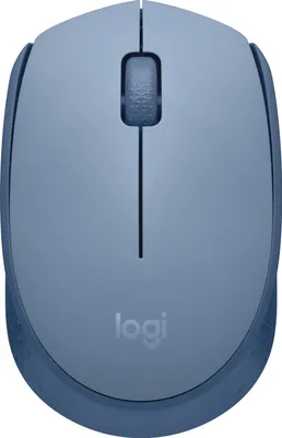 A top-down view of a blue and gray Logitech computer mouse on a white background.