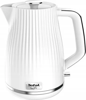 A white electric kettle with a ribbed texture and silver accents.
