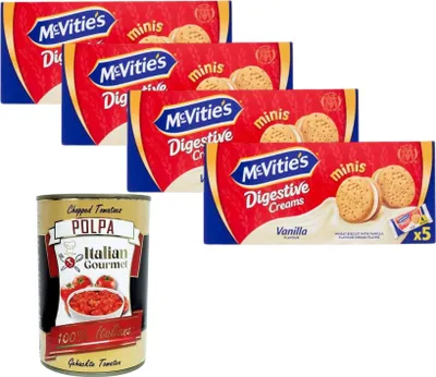 Produktbild von Italian Gourmet-McVitie's Minis Digestive Creams Vanilla, Weizenkekse mit Vanillecreme-Füllung, 4x185g+ Italian Gourmet Polpa 400 g