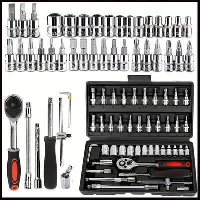Produktbild von 46-tlg Vielzahn Steckschlüssel Satz ,für Auto Moto Reparatur Werkzeugsatz, Mit Steckdosen, Ratschen, Steckschlüssel und Bitsatz Werkzeugkoffer,Schwarz