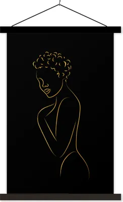 Produktbild von MuchoWow® Textilposter Frau - Schwarz - Gold - Strichzeichnung 120x180 cm mit schwarzem Rahmen - Fotos