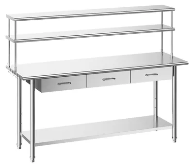 Produktbild von Gastronomie Arbeitstisch - Edelstahltisch 183 x 61 x 140 cm - Mit Grundboden - 3 Schubladen - Doppelaufsatzbord - Vorbereitungstisch Werkbank - Edelstahl Silber