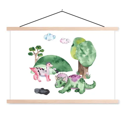 Obrázok produktu pre MuchoWow® Textilný plagát - Detská izba - Kreslenie - Dinosaurus - Chlapci - Dievčatá - Deti - 60x40cm - S hnedými lamelami
