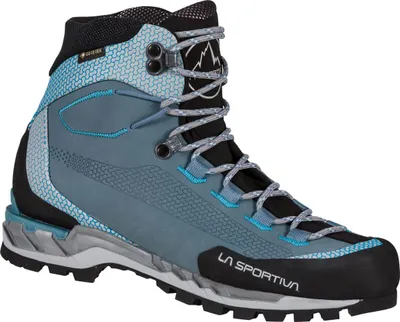 Bergschuh für Damen "Trango Tech Leather Woman Gtx" von La Sportiva in Grau mit blauen Akzenten und Schnürung.