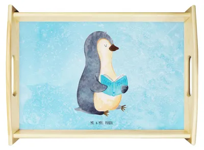 Produktbild von Mr. & Mrs. Panda Tablett Pinguin Buch - Eisblau - Geschenk, Ferien, Holztablett, Ausruhen, Nichtstun, Urlaub, Sofa, holz serviertablett, Bett-Tablett, Servier