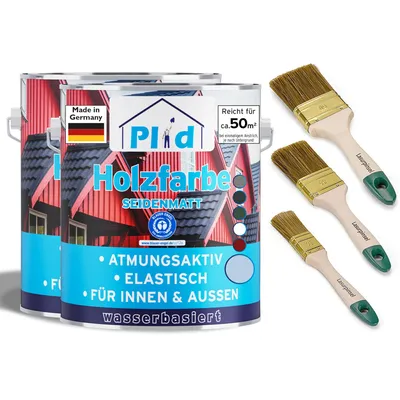 Produktbild von Plid Holzfarbe Taubenblau 5l + Pinselset 3-tlg. / Innen & Außen - Wetterschutzfarbe Holzfarbe Außen - Dauerhafte Holzschutzfarbe - Holzlack