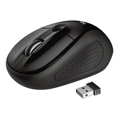 A black wireless computer mouse and its USB receiver are shown on a white background.