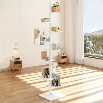 Obrázek produktu pro Unyqoos® Moderní bílý regál na knihy, 9 pater – ocel, otočný o 360°, kapacita pro 60–90 knih, ideální do obývacího pokoje i kanceláře
