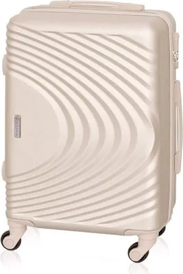 A beige suitcase is shown against a white background.