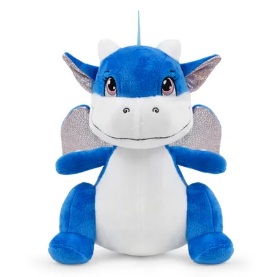 A blue and white plush dragon toy is sitting on a white background.