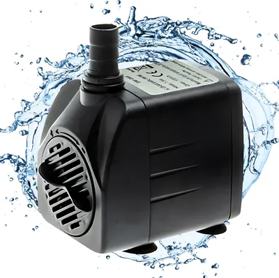 A black submersible water pump is shown with water splashing around it.