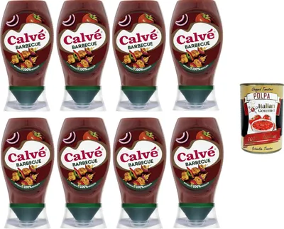 Produktbild von Calvé Barbecue-Sauce, BBQ-Sauce mit starkem Holz- und Raucharoma, ideal für alle Fleischgerichte, 8 x 250 ml + Italian Gourmet polpa 400gr