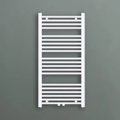 A white towel radiator mounted on a gray wall.