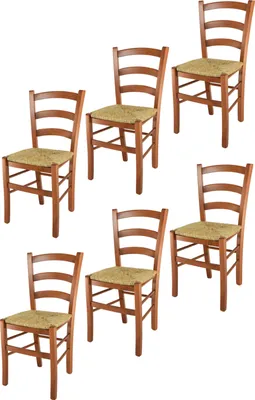 Produktbild von t m c s Tommychairs - 6er Set Stühle VENICE für Küche und Esszimmer, robuste Struktur aus lackiertem Buchenholz im Farbton Kirschholz und Sitzfläche aus Stroh