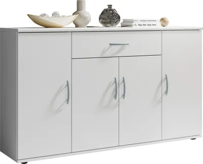 A white sideboard with four doors and one drawer is displayed against a white background. Decorative items, including a bowl of spheres, a vase, and books, are placed on top of the sideboard.