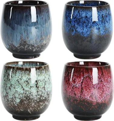 Image de NBCDY Set de 4 tasses à thé japonaises faites à la main en céramique multicolore émaillée pour la maison Bureau Cadeaux Sake Cups