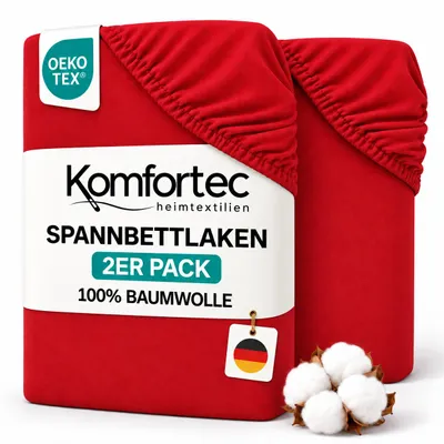 Produktbild von Komfortec 2er Pack Jersey Spannbettlaken 160x200 cm, 100% Baumwolle, Doppelpack Spannbettuch, Rot