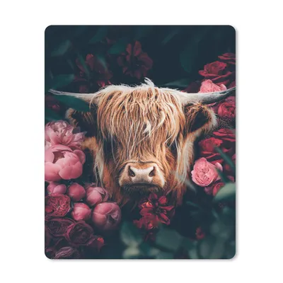 Produktbild von MuchoWow® Mauspad Mousepad Kuh - Schottischer Highlander - Blumen - Botanisch 19x23 cm - Mousepads - Maus Mat - Pad - Mausunterlage - Mauspads - Spielen