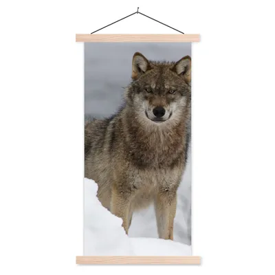 Produktbild von MuchoWow® Textilposter Wolf - Schnee - Tiere 60x120 cm mit holzfarbenen Rahmen - Holz