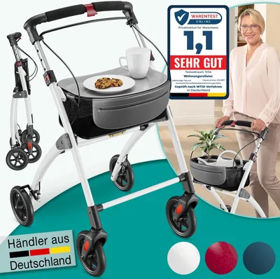Produktbild von ELONEO Wohnungsrollator 54cm breit, faltbar und leicht, inkl. Tablett & Stoffkorb, Rollator schmal für die Wohnung, Indoor-Rollator, klappbar weiß
