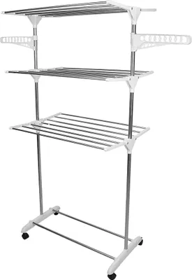 Image de Séchoir à linge Tour avec roulettes Aile latérale pliable Acier inoxydable