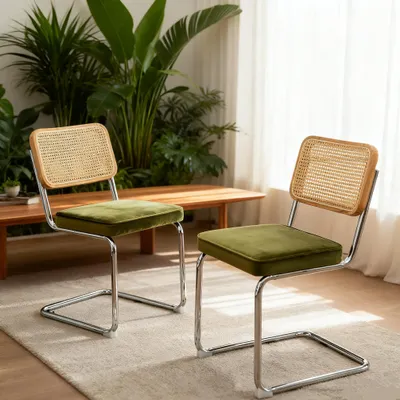 Produktbild von LVHOM 2er Set Freischwinger Esszimmerstuhl im Bauhaus Stil, Wiener Geflecht Rattan-Rückenlehne, Samt Polsterstuhl mit Chromgestell, Retro Design, Grün