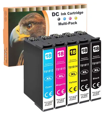 Immagine prodotto di Cartucce compatibili D&C 5X per stampanti Epson serie 18 e 18XL, modelli Expression Home XP-102, XP-202, XP-205, XP-212, XP-215, XP-225, XP-302, XP-305, XP-312, XP-315, XP-322, XP-325, XP-402, XP-405, XP-412, XP-415, XP-422, XP-425