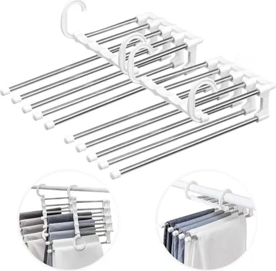 Produktbild von Hosenbügel Platzsparend Mehrfach, 2 Stück Hosen Kleiderbügel aus Edelstahl Ausziehbar, Faltbare Multi Bügel, Magic Hanger Organizer Schrank kleiderbügelhalter,Weiß
