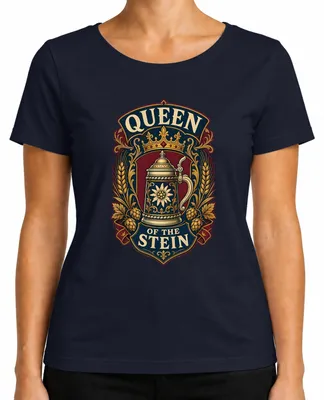 Imagen del producto de Camiseta de "Queen of the Stein", estilo tradicional alemán, para mujer, color azul marino, talla XL. Incluye detalles de cuero