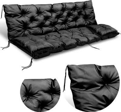 A black tufted cushion set for a Hollywood swing, shown from a slightly elevated angle.
