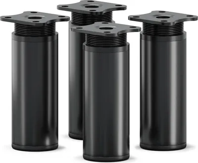 Four black cylindrical furniture legs with mounting plates are arranged in a group against a white background.