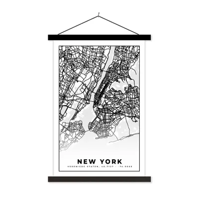 Produktbild von MuchoWow® Textilposter New York - Stadtplan - Schwarz und weiß - Karte 120x180 cm mit schwarzem Rahmen - Fotos