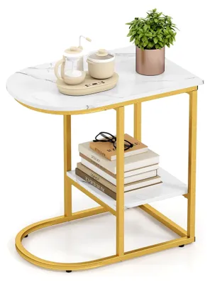Produktbild von Beistelltisch Marmor Gold, C-förmiger Couchtisch mit 2 Ebenen, moderner Kaffeetisch, Nachttisch mit goldenem Metallrahmen, für Wohnzimmer und Schlafzimmer 60 x 40 x 60 cm