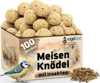A box of bird food with birdseed balls and a small bird illustration.