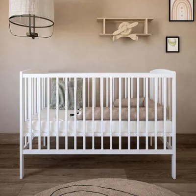 Produktbild von ZEE Babybett 2in1 120x60 cm mit Schutzbarriere Geländer Weiß 3-fach höhenverstellbar Umbau zum Juniorbett