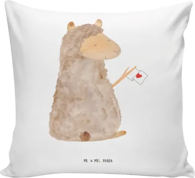 Produktbild von Mr. & Mrs. Panda Kissen 40x40 Alpaka Fahne - Weiß - Geschenk, Sofakissen, bedruckt, Lamas, Dekokissen, Lama, Liebe, Deko, kuschelkissen, Alpakas, für sofa
