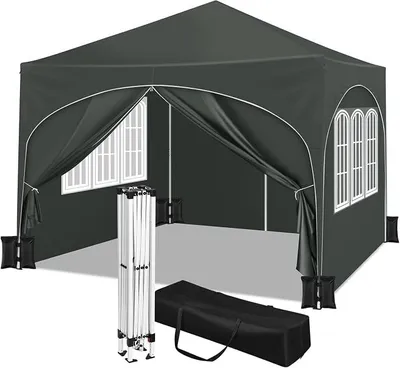 Produktbild von Pavillon mit 4 Seitenteilen 4 Sandsäcke, Faltpavillon mit Halbmonddach Tragetasche, Gartenpavillon wasserfest stabil UV-Schutz, Partyzelt Outdoor höhenverstellbar, Grau