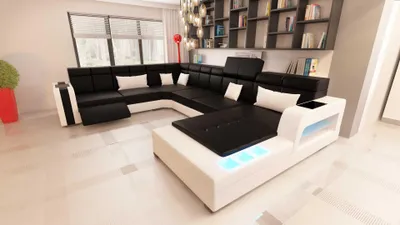 Immagine prodotto di Divano angolare design, rivestito in pelle, imbottito, set di divani, forma a "U", illuminato, set completo