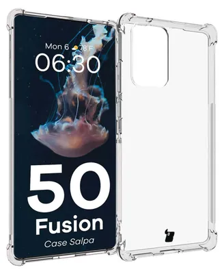 A clear phone case is shown next to a phone displaying a jellyfish wallpaper and product information.