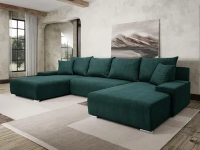 Obrázok produktu pre Margaret Hadas24 rohová pohovka Rohová pohovka v tvare U Lauren 348x188cm s funkciou spania a lôžkovou časťou, 5 miestna, úložný priestor na posteľnú bielizeň, veľká pohovka, rohová pohovka, manšestrová, zelená