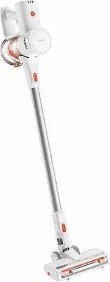 A white cordless vacuum cleaner against a white background.